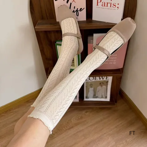 Women Casual Cotton Slouch Socks Hollow Out Mesh Breathable Ruffle Trim Mid Tube Leg Warmers Fashion Hosiery