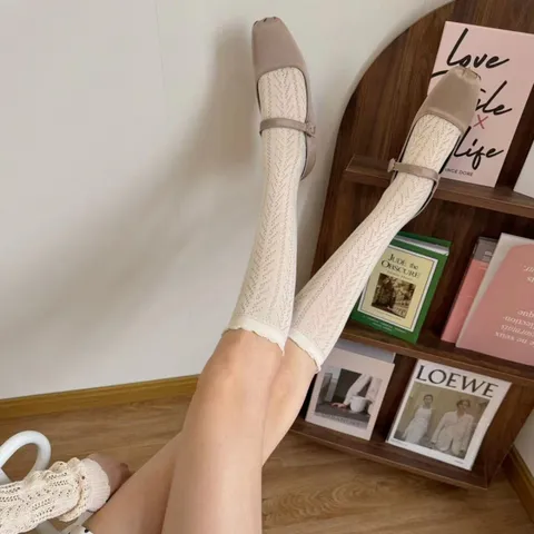 Women Casual Cotton Slouch Socks Hollow Out Mesh Breathable Ruffle Trim Mid Tube Leg Warmers Fashion Hosiery