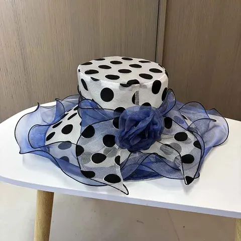 Damen Organza Sonnenhut Große Krempe Polka Dot Blumen Fedora Strandhut Sommer Reise Eleganter Hut