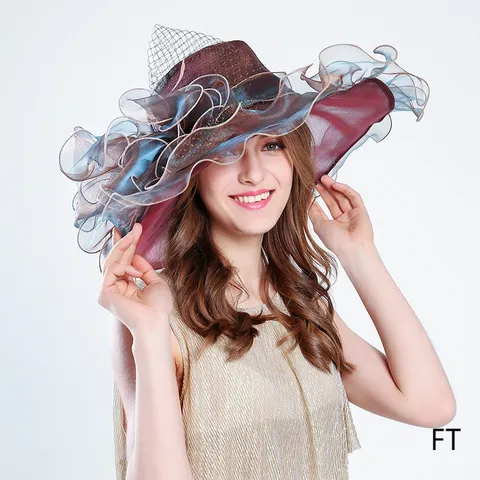 Women Large Floral Organza Sun Hat Wide Brim Beach Vacation Mesh Fashion Millinery Elegant Tea Party Dress Hat