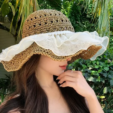 Women Summer Straw Hat Large Wide Brim Sun Hat With Lace Floral Pearl And Bowknot Beach Vacation Breathable Hat