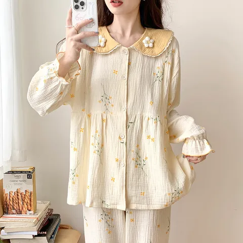 Dames Katoen Bloemen Zwangerschap Pyjama Set Lange Mouw Knoopsluiting Borstvoeding Loungewear Top En Broek
