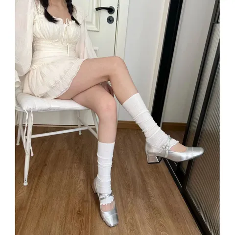 Ballet Style Thin Cotton Vertical Stripe Ruffled Edge Stirrup Leg Warmers Women Stacking Socks