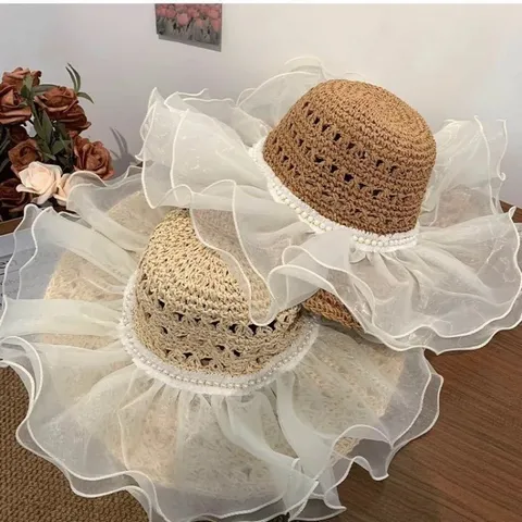 Women Summer Straw Hat Large Wide Brim Sun Hat With Lace Floral Pearl And Bowknot Beach Vacation Breathable Hat