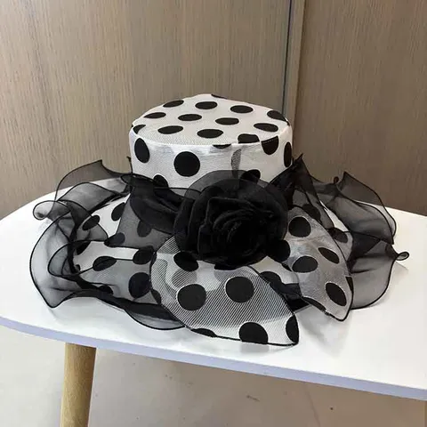 Damen Organza Sonnenhut Große Krempe Polka Dot Blumen Fedora Strandhut Sommer Reise Eleganter Hut