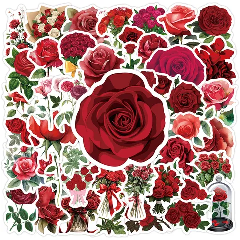 Adesivi in Vinile Impermeabili Rosa Rossa 50 Pz Carini Decals Floreali per Bottiglia d'Acqua Laptop Telefono Valigia Scrapbooking