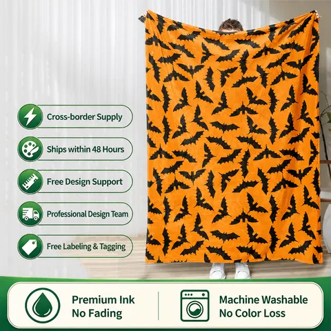 Halloween Bat Printed Flannel Blanket Soft Warm Fleece Throw Blanket For Bed Sofa Home Seasonal Festival Decor