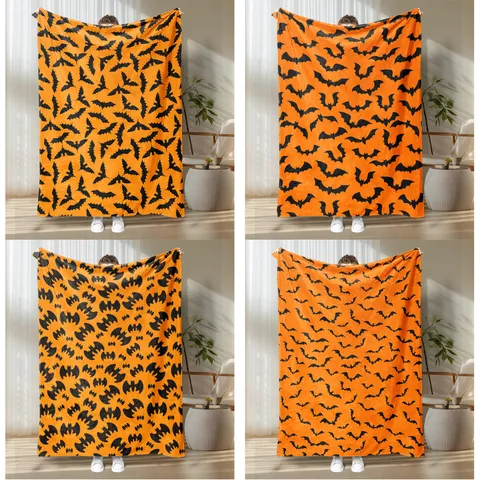 Halloween Bat Printed Flannel Blanket Soft Warm Fleece Throw Blanket For Bed Sofa Home Seasonal Festival Decor