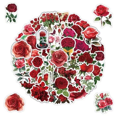 Adesivi in Vinile Impermeabili Rosa Rossa 50 Pz Carini Decals Floreali per Bottiglia d'Acqua Laptop Telefono Valigia Scrapbooking