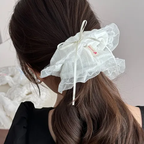 Elegante Spitze Schleife Haargummis Süßer Stoff Haargummi Weiß Blau Beige Pferdeschwanz Halter Elegante Haarschmuck Für Frauen