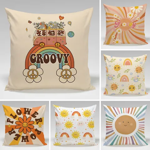Retro Groovy Bus Fiore Arcobaleno Fodera per Cuscino Estetica Bohémien Federa per Divano Ufficio Decorazione Casa