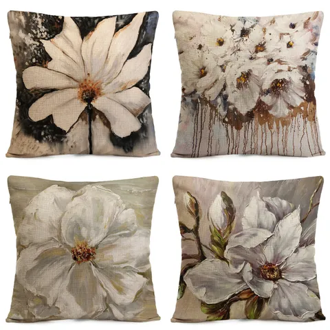 Funda de Cojín Floral de Pintura al Óleo Nórdica Cuadrada Poliéster Lino Funda de Almohada Para Sala de Estar Dormitorio Decoración