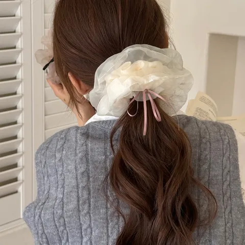 Elastico per Capelli Stile Balletto con Fiocco in Rete e Nastro Grande Elastico Alta Elasticità Corda per Capelli Francese Dolce Moda Donna