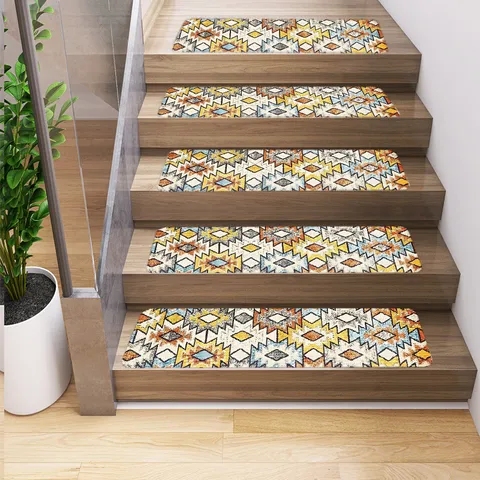 Geometric Retro Persian Stair Tread Mat Non-Slip Stair Carpet Runner Household Step Floor Mat For Indoor Wooden Stairs