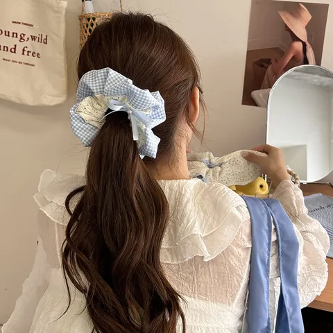 Lace Bow Blue Plaid Hair Scrunchie Fabric Breathable Hair Ring With Artificial Pearl Sweet Ponytail Holder For Women