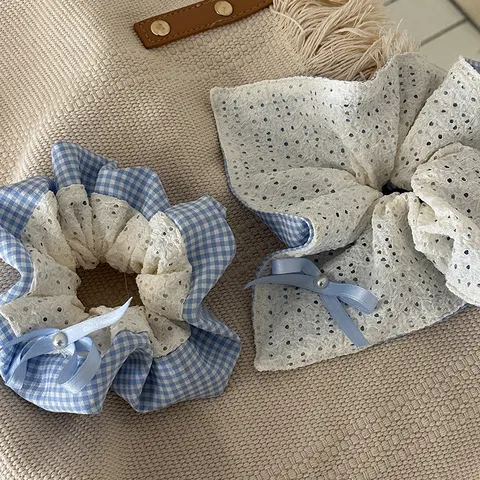 Lace Bow Blue Plaid Hair Scrunchie Fabric Breathable Hair Ring With Artificial Pearl Sweet Ponytail Holder For Women