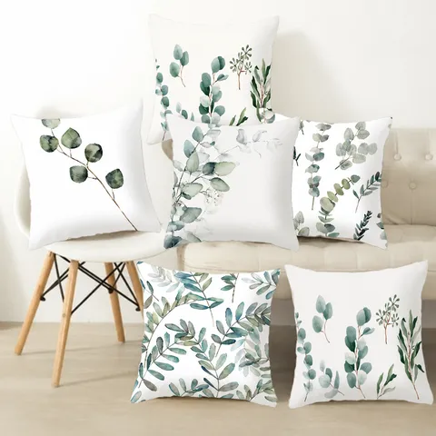 Copricuscino con Foglie ad Acquerello Verdi Federa Decorativa Quadrata in Lino e Pelle di Pesca per Divano Letto Casa