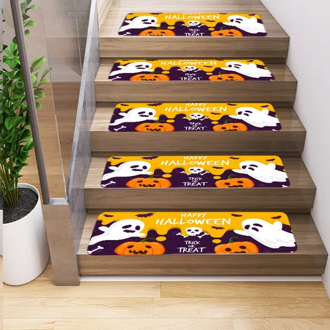 Halloween Stair Step Treads Non Slip Floor Mat Polyester Printed Ghost Pumpkin Pattern For Indoor Wooden Stairs