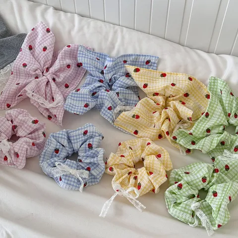 Sweet Strawberry Plaid Lace Bowknot Scarf Scrunchies Cute Fabric Hair Ties Grid Headband Ponytail Holder Hair Accessories For Women