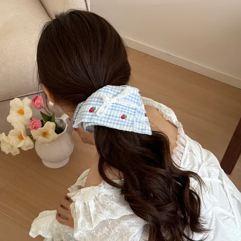 Sweet Strawberry Plaid Lace Bowknot Scarf Scrunchies Cute Fabric Hair Ties Grid Headband Ponytail Holder Hair Accessories For Women