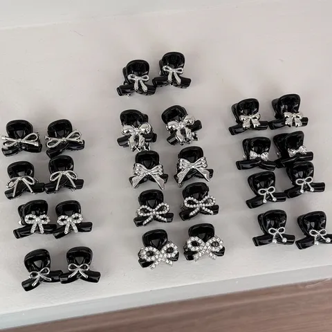 Sweet Black Mini Bow Hair Claws For Women Korean Style Rhinestone Bowknot Side Hair Clips Small Hairpins Accessories
