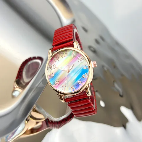 Damen Quarz Uhr Regenbogen Gradient Zifferblatt Mit Elastischem Band Roségold Legierung Gehäuse Casual Bonbonfarbe Armbanduhr