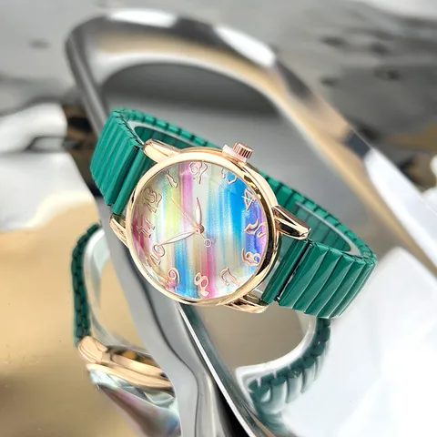Damen Quarz Uhr Regenbogen Gradient Zifferblatt Mit Elastischem Band Roségold Legierung Gehäuse Casual Bonbonfarbe Armbanduhr