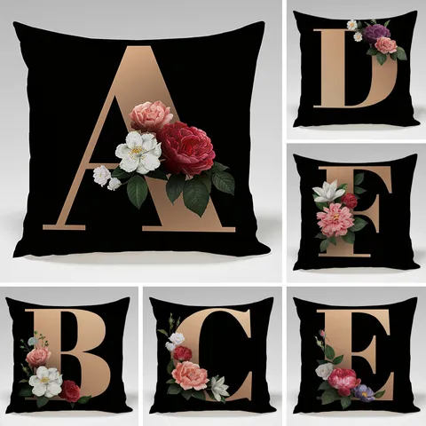 Funda de Cojín Letra Negro y Oro Rosa Flor Estilo Nórdico Funda de Cojín Decorativa Para Sofá Cama Sala De Estar Decoración Del Hogar