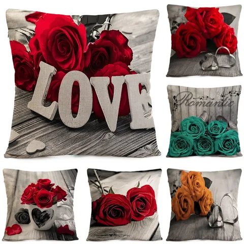 Vintage Black And White Red Rose Flower Pillow Cover Romantic Gift Living Room Sofa Square Throw Pillow Case