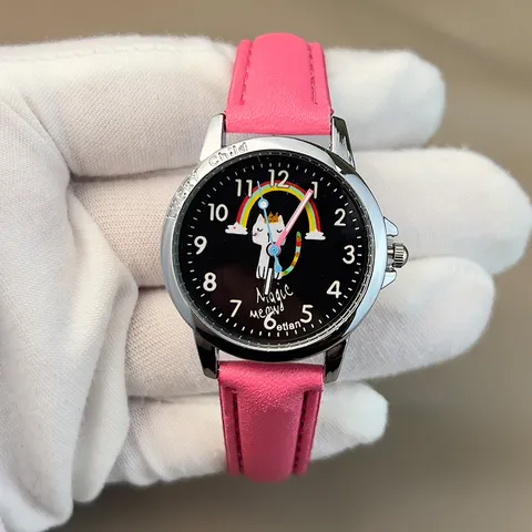 Niedliche Cartoon Katze Regenbogen Kinder Quarzuhr Legierungsgehäuse PU Lederarmband Schüler Analog Armbanduhr Für Mädchen Jungen