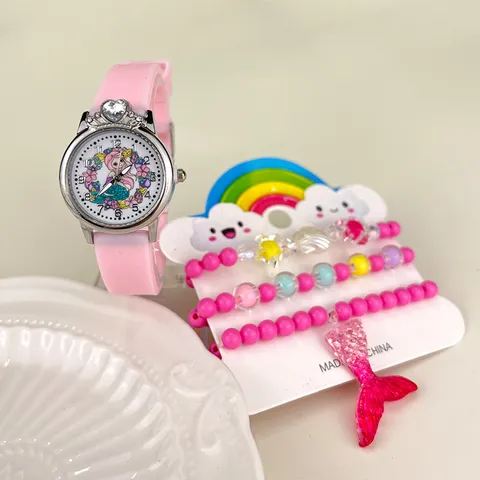 Kinder Cartoon Quarzuhr Und Meerjungfrau Armband Kombination Kinder Analoge Uhr Legierung Gehäuse Silikon Armband Geschenk