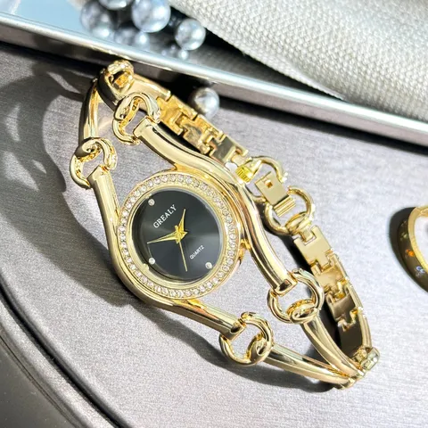 Luxus Damen Quarzuhr Gold Gebisskette Strass Eingelegt Analog Vintage Armbanduhr Mode Schmuck Geschenk