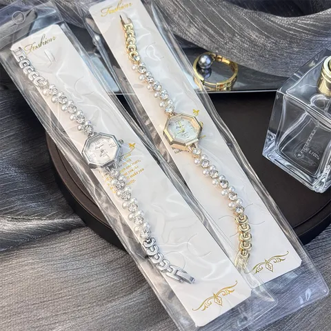 Eleganter Koreanische Strass Achteckige Armband Quarz Uhr Für Damen Ins Luxus Künstliche Perle Legierung Armbanduhr