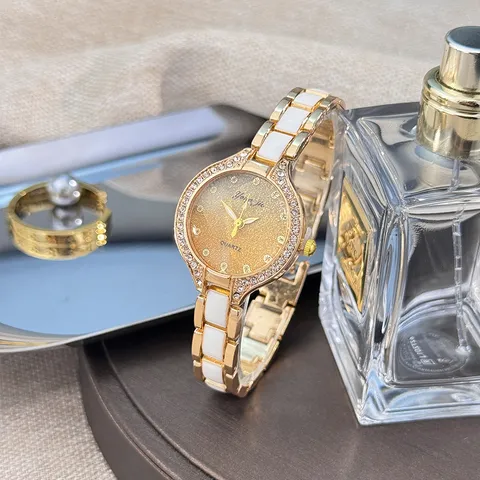 Women Quartz Bracelet Watch Luxury Ceramic-Look Alloy Rhinestone Watch Starry Gradient Dial Mineral Glass Analog Watch For Ladies