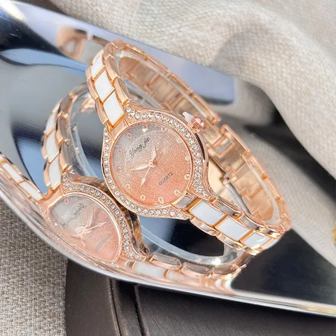 Women Quartz Bracelet Watch Luxury Ceramic-Look Alloy Rhinestone Watch Starry Gradient Dial Mineral Glass Analog Watch For Ladies