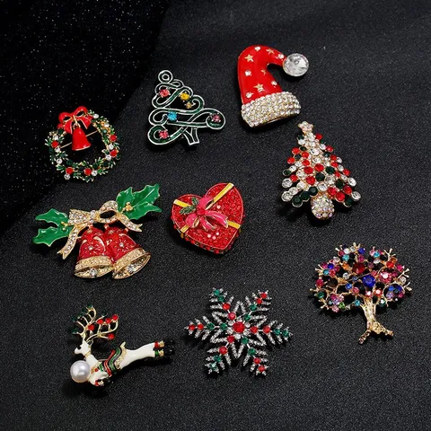 Weihnachtsbrosche Legierung Strass Emaille Weihnachtsbaum Schneeflocke Rentier Weihnachtsmann Hut Kranz Glocke Mode Schmuck