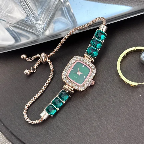 Women's Fashion Elegant Square Rhinestone Bracelet Watch Quartz Movement Pull-Out Adjustable Alloy Chain Strap Jewelry Wristwatch