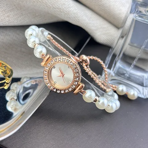 Women Alloy Rhinestone Inlaid Artificial Pearl Bracelet Watch Elegant Rose Gold Quartz Watch With Mineral Glass Mirror Adjustable Drawstring Fashion Jewelry
