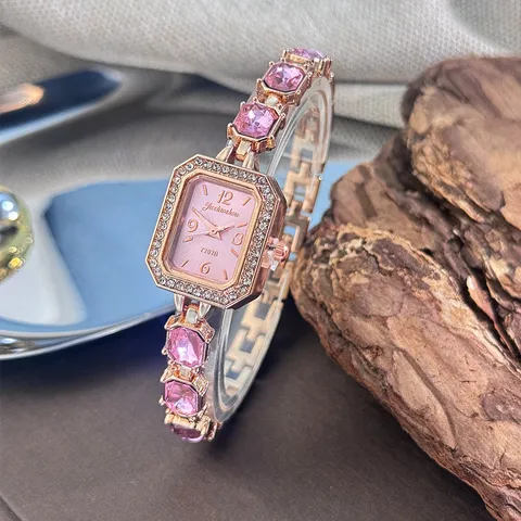 Damen Mode Rechteckige Quarzuhr Elegante Strass Eingelegte Armbanduhr Mit Farbigen Künstlichen Edelsteinen Schmuckverschluss Armbanduhr