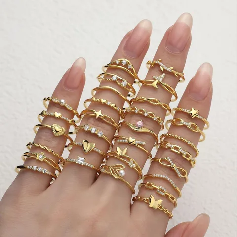 925 Sterling Silver Stackable Rings for Women Gold Plated Zirconia Artificial Pearl Star Heart Wings Butterfly Open Rings Jewelry