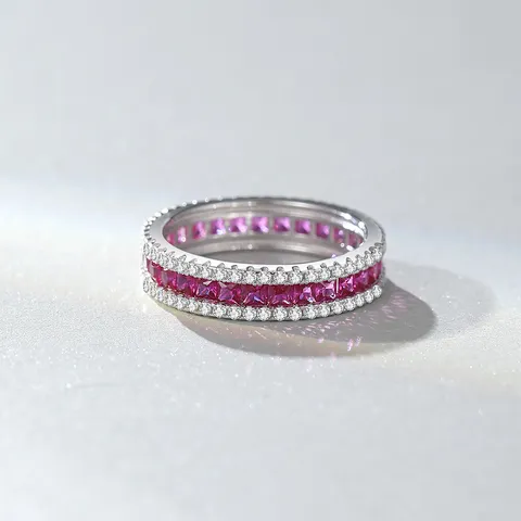 925 Sterling Silver Princess Cut Zirconia Micro Pave Sandwich Eternity Ring For Women Luxurious White Green Red Gemstone Party Jewelry Finger Ring