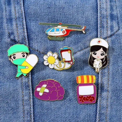 Medical Series Alloy Enamel Brooch Pin Cute Cartoon Nurse Doctor Brain Helicopter Badge For Clothes Decoration Accessories Jewelry