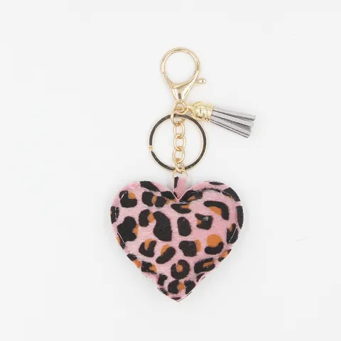 Cute Cartoon PU Leather Leopard Print Heart Keychain Tassel Bead Chain Pendant Bag Charm Car Ornament Accessory For Daily Use