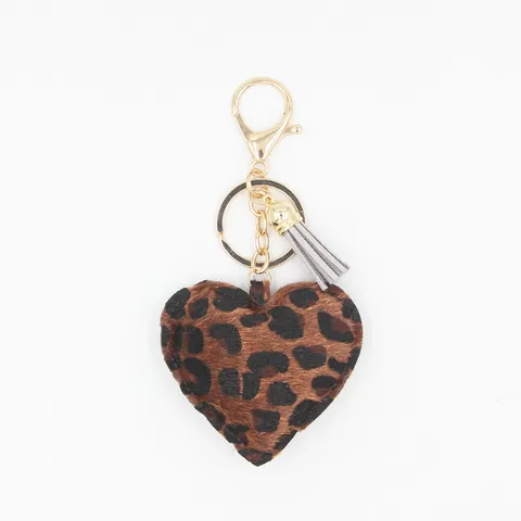 Cute Cartoon PU Leather Leopard Print Heart Keychain Tassel Bead Chain Pendant Bag Charm Car Ornament Accessory For Daily Use