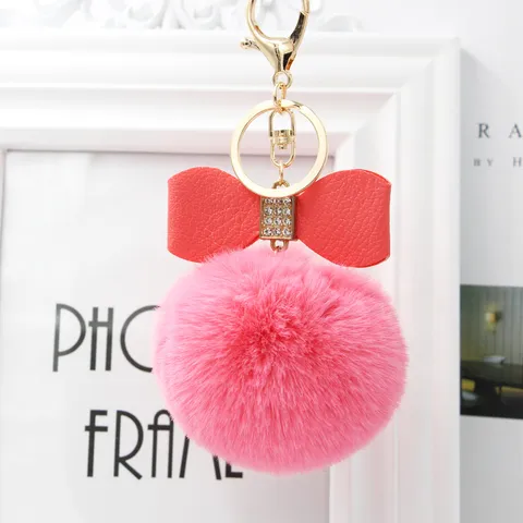 Faux Fur Pom Pom Bag Charm With Bowknot Design Polyester Rhinestone Key Ring Sparkling Keychain For Handbag Backpack Women Decoration