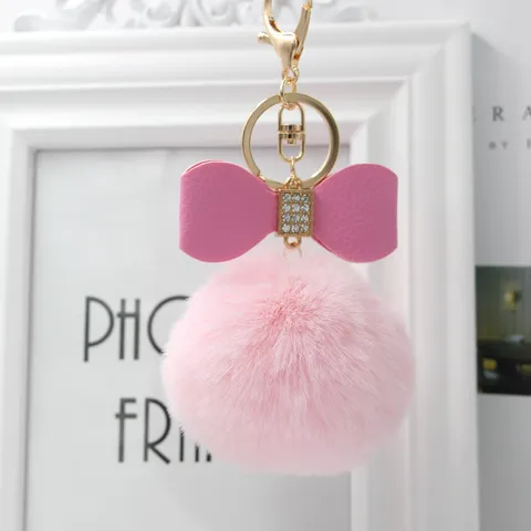 Faux Fur Pom Pom Bag Charm With Bowknot Design Polyester Rhinestone Key Ring Sparkling Keychain For Handbag Backpack Women Decoration