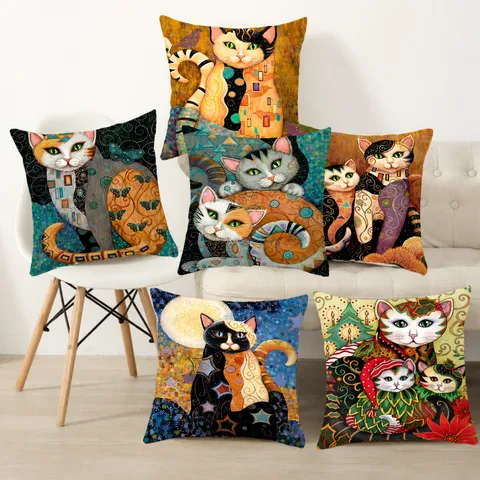 Decorative Throw Pillow Cover Oil Painting Cat Print Square Cushion Cover Modern Home Decor For Living Room Sofa Bed