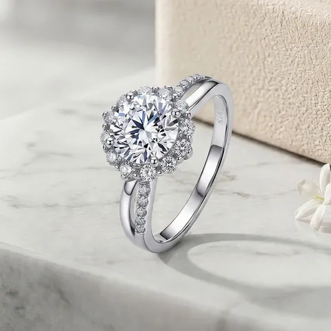 925 Sterling Silver 1 Carat Moissanite Ring For Women Zirconia Flower Halo Criss-Cross Engagement Wedding Band Jewelry Gift