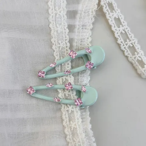 Frische Minzgrün Legierung Strass Haarklammer Süße Rosa Kristall Seite Pony Entenschnabel Clip Exquisite Geometrische Haarschmuck Für Damen