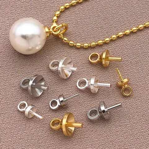 Copper Electroplated Half Drill Peg Bail Pins Eye Pins Pearl Pendant Caps Clasps Connectors For DIY Handmade Necklace Jewelry Making
